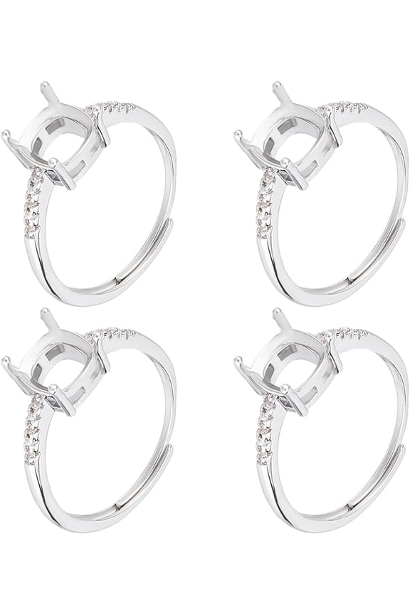 4pcs Adjustable Brass Pad Ring Settings with Clear Cubic Zirconia Prong Ring Settings Rectangle 925 Sterling Silver Plated Size 6 3/4(17.1mm) Tray: 5x5mm
