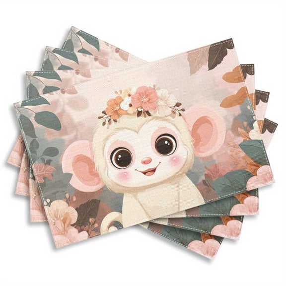 4pcs Adorable Cartoon Monkey Featuring a Flower on Its Head, Measuring 12X18 Inches, Washable Table Mats Suitable for Dining Tables, Holiday Gatherings, Coffee Tables, And Home Decoration