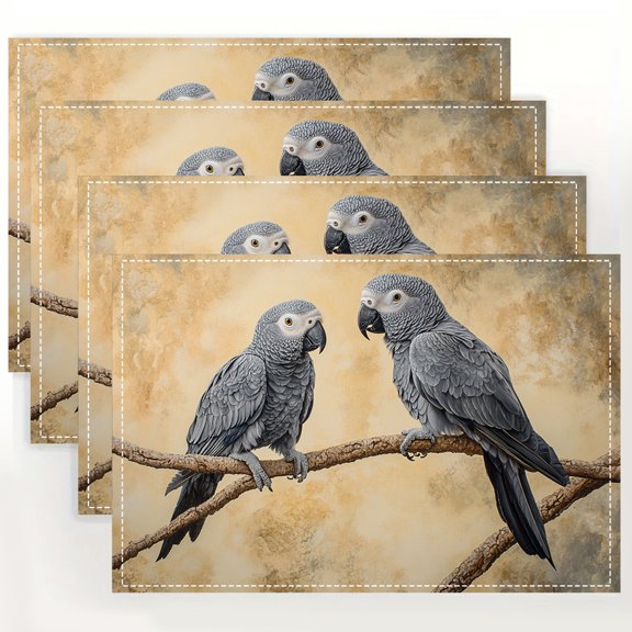 4pcs African Grey Parrots Linen Placemats - 100% Woven Linen Square Table Mats, Hand Wash Only, for Dining, Kitchen, Parties, Home Decor - 12x18 Inch