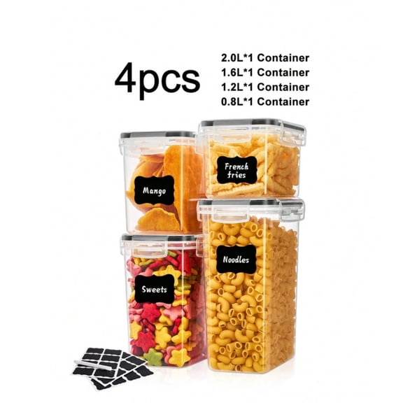 4pcs Airtight Food Storage Containers Set With Lids,Plastic Kitchen And Pantry Organization Canisters For Cereal Flour, Pasta, With Labels