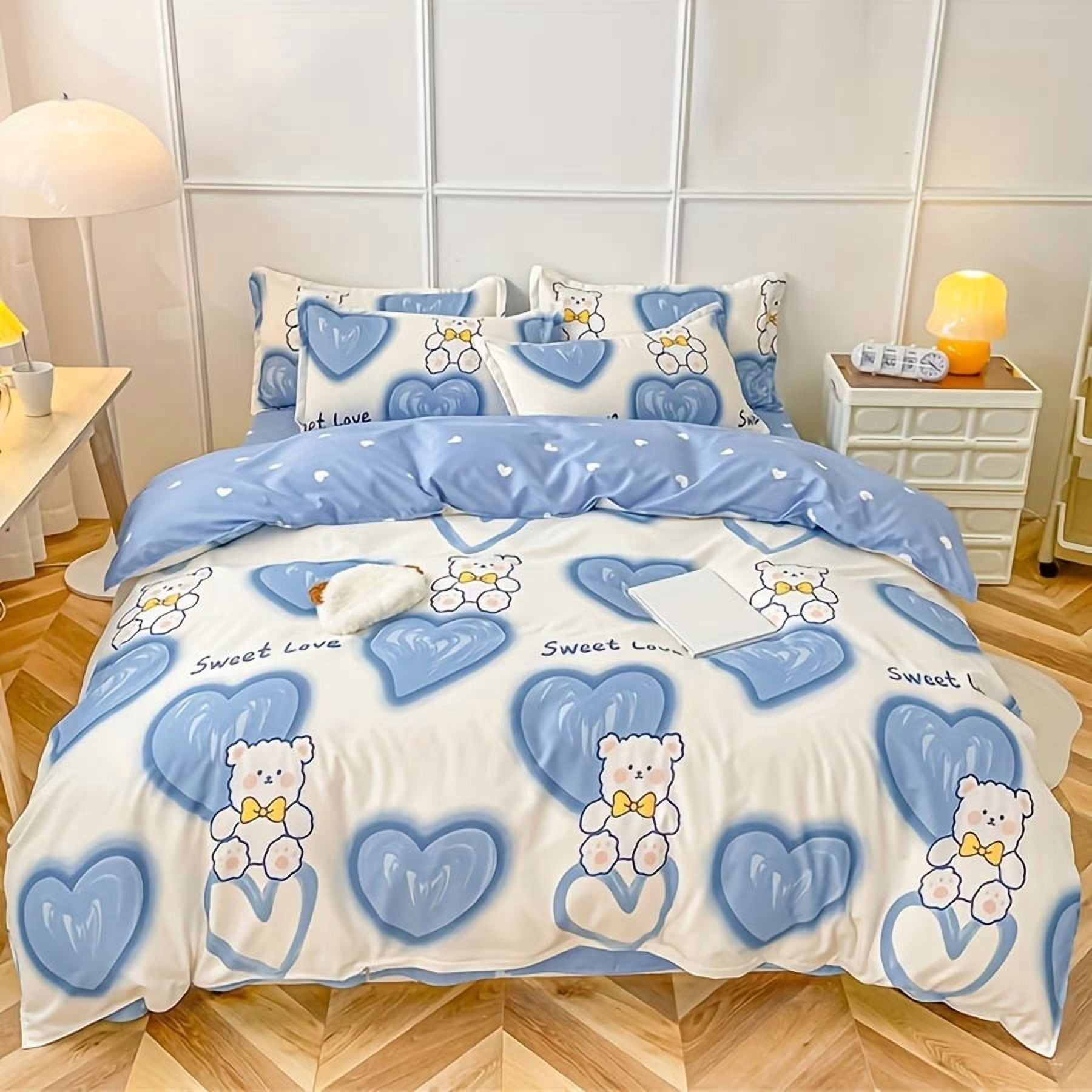 4pcs All-Season Heart Bear Printed Bedding Set - Soft Duvet Cover ...