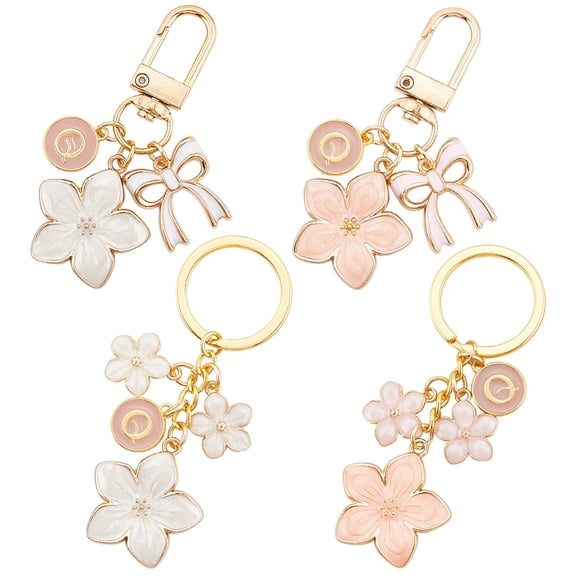 4pcs Alloy Enamel Keychains with Alloy Rings Flower Golden Mixed color 63~73mm 4pcs/set