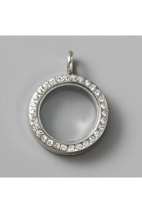 4pcs Alloy Rhinestone Locket Pendants Double sides with Glass DIY Accessories for Jewelry Pendant Making Flat Round Platinum 33x25x7mm Hole: 4.8mm