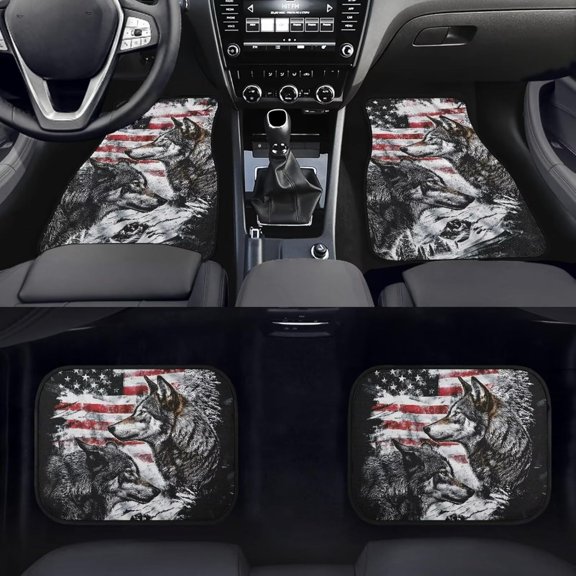 4pcs American Flag Wolf Heavy- Duty Car Floor Mats Set- All- Weather Fit Auto Floor Liners with Wolf And Flag Design, for Suvs, Trucks, Interior