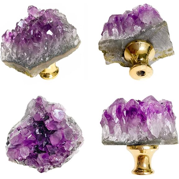 4pcs Amethyst Gems Knobs - Natural Stone Amethyst Cabinet Knobs, Purple Crystal Gemstone Drawer Handles for Cupboard Dresser DIY with Screws