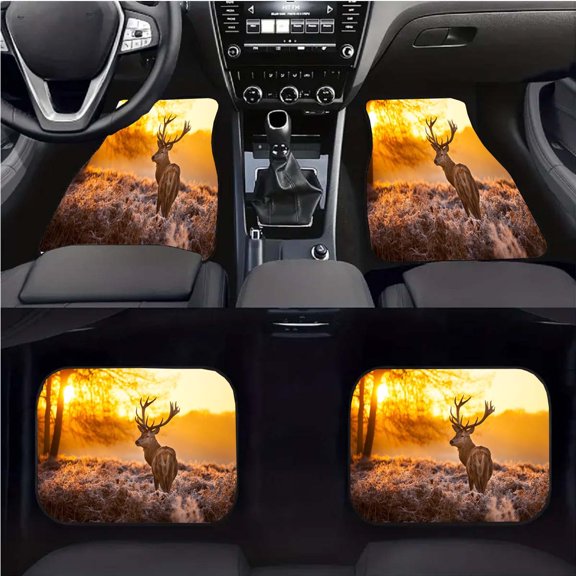 4pcs Animal Themed Deer Print Car Floor Mats Set- Front& Rear Full Coverage Auto Interior Accessories, Crystal Velvet Vehicles Floor Mats Suitable for Sedans, Vans, Suvs