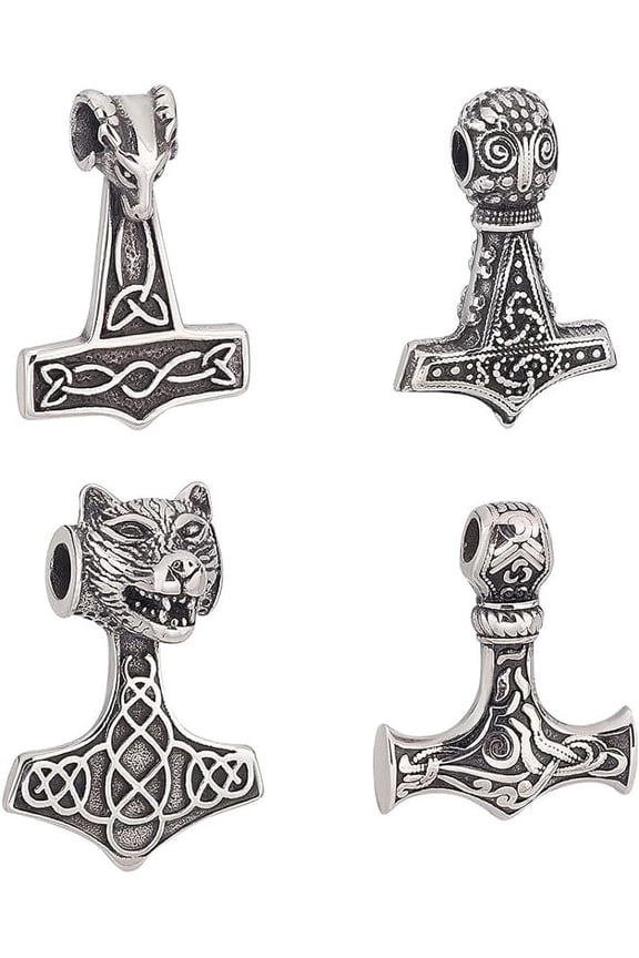 4pcs Antique Silver Viking Thor's Hammer Pendants 37~43mm 3 Styles Vintage Norse Mjolnir Amulet Pendant Viking Knot Charms for Jewelry Making