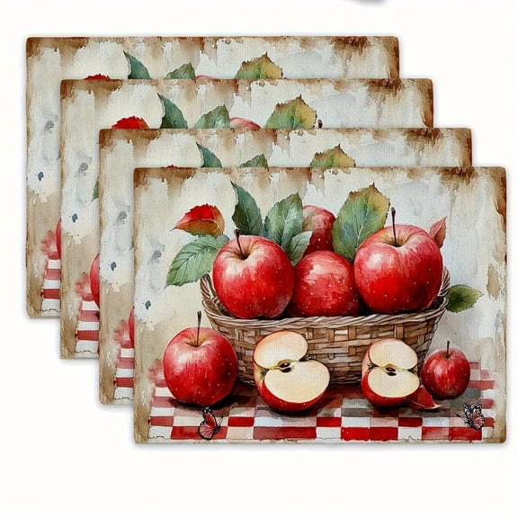 4pcs Apple-Themed Placemat Set - & Green Apple Design Linen Table Mats, 12x18 Inch Large Dining Table Protectors Suitable for Kitchen, Dining Room Decor, Party Table Settings