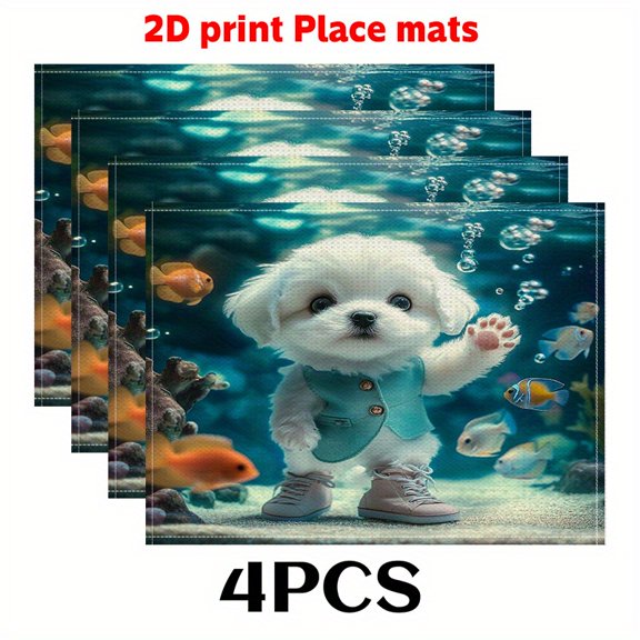 4pcs Aquarium Place mats (2D print)Puppy Aquarium 12X18in-Trendy Table Overlay for Artistic DINING DECORATION, Bohemian Spaces