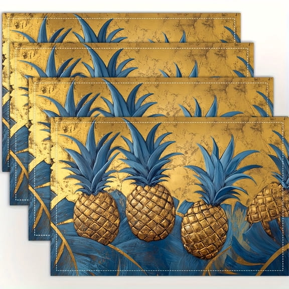 4pcs, Art Deco Exotic Pineapple Design Blue Golden Placemats, Fashion Print Pattern Table Mat, for Dining Table, Kitchen, Party, Indoor, Holiday, Dinner Parties And Home Decor 12X18 Inch