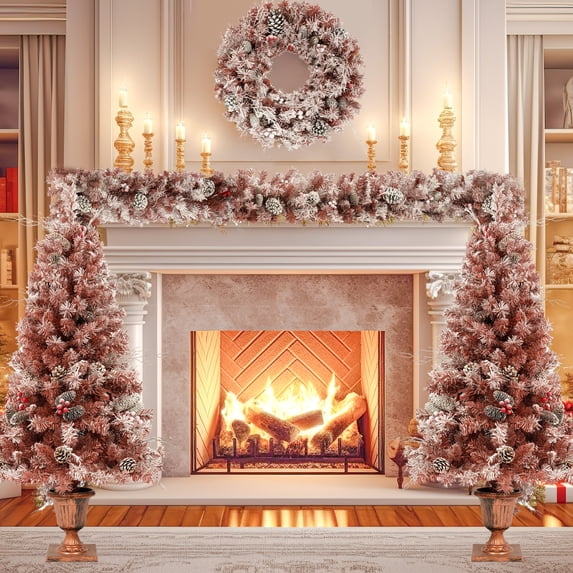 4pcs Artificial Christmas Tree Set 2 Pcs 3ft Xmas Entrance Trees and Christmas Wreath and Garland with Lights Set Festive Party Christmas Holiday Decoration for Door and Fireplace