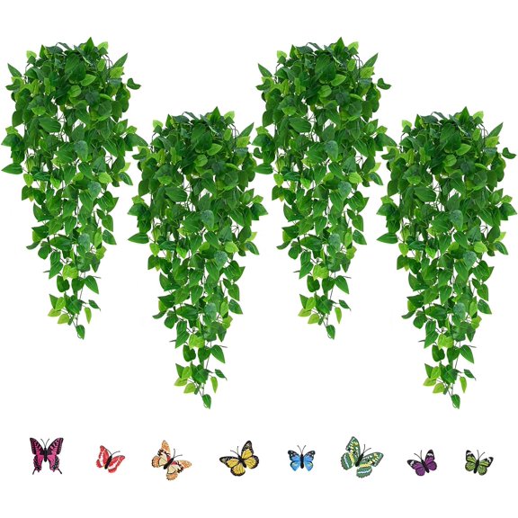 4pcs Artificial Hanging Plants, 3.6FT Fake Hanging Plants, Fake Ivy Vines with Full Leaves, Faux Hanging Greenery Pothos for Wall Room Bathroom Indoor Outdoor Home Shelf Office Decor