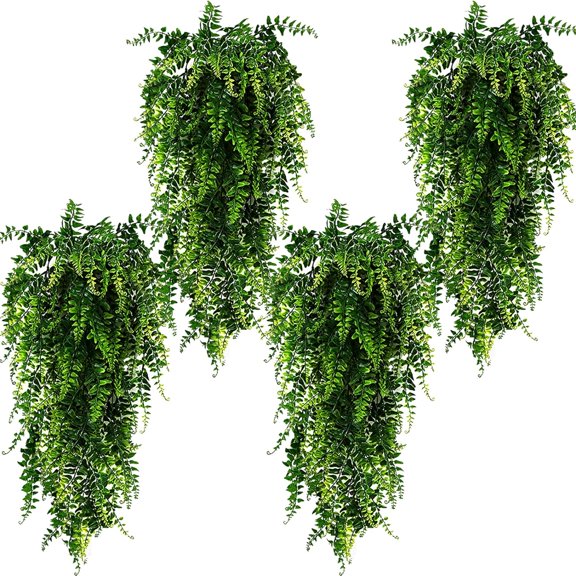 4pcs Artificial Hanging Plants Fake Hanging Plant Fake Plants Faux Fern Ivy Vines Outdoor UV Resistant Plastic Hanging Plants Artificial Decor (Ferns)
