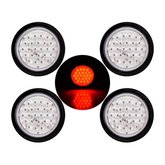 4pcs Astra Depot 4 inch Round Red 24 LED Trailer Tail Lights Kit Truck RV Stop Brake Lamp w/ Rubber Grommet 12V (Clear Lens)
