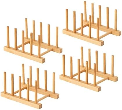 4pcs Bamboo Dish Plate Bowl Cup Book Pot Lid Cutting Board Drying Rack Stand Drainer Storage Holder Organizer Kitchen Cabinet（Keep Dry）
