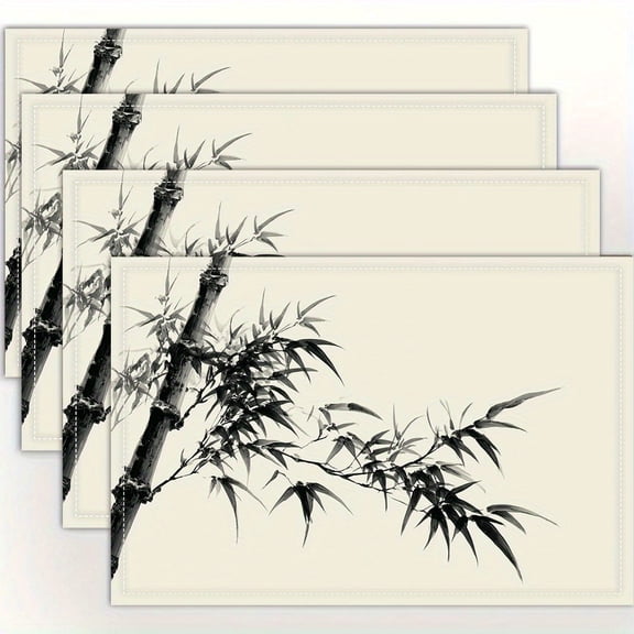 4pcs, Bamboo stalk Sumi e Oriental Zen painting illustration art print placemats, fashion print pattern table mat, for dining table, kitchen, party, indoor, holiday, dinner parties and home decor