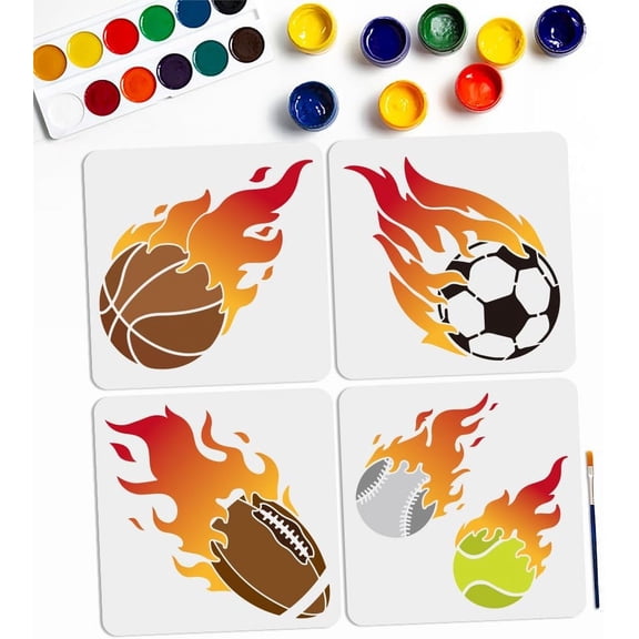 4pcs Basketball Football Flames Stencils 11.811.8inch Sport Ball Theme Painting Stencil with Paint Brush Reusable Tennis and Rugby Stencils Template DIY