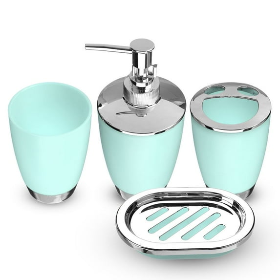 4pcs Bathroom Accessory Set PP Plastic Bathroom Suit Cup Toothbrush Holder Soap Dish Dispenser Kit,Light Blue