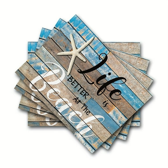 4pcs Beach Theme Linen Placemats, Table Mats Durable Washable Rustic Linen Vintage Placemats for Home Dinner Party Camping Wedding Table Decoration 12 x 18 Inch
