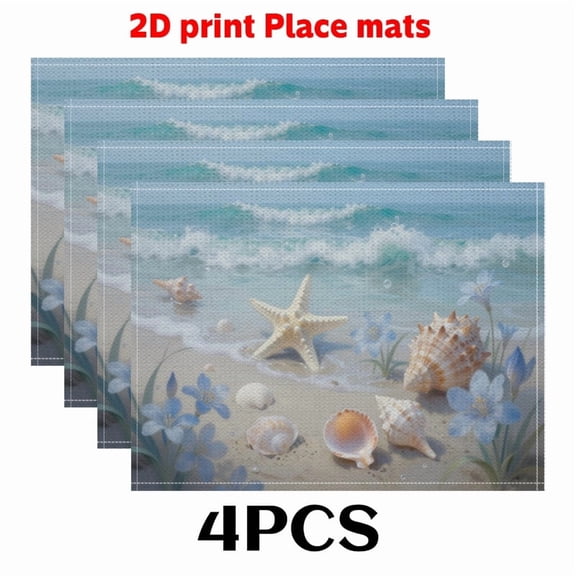 4pcs Beach Theme placemats (2D Print)Shells and Flowers by the Waves 12X18in-Elegant Table Mat for Kitchen DINING DECORATION, Spring/Summer Themes
