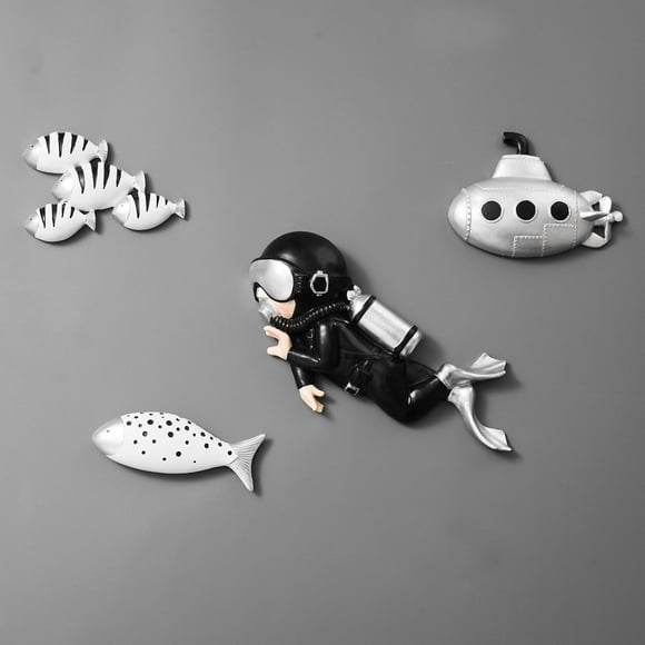 4pcs Beach Wall Decor, Fish Wall Decor 3D Submarine and Fish Wall Sculptures, Ocean Decor Coastal Themed Wall Art for Bathroom Kids Room Boys Room Bedroom, Beach Theme Decorations for Home C85