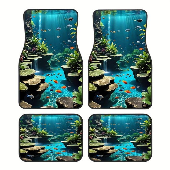4pcs, Beautiful Underwater World Marine Life Pattern Car Rubber Mats, Universal Non-Slip Carpets, Easy to Clean Interior Additions, Suitable for Front And Rear Entry