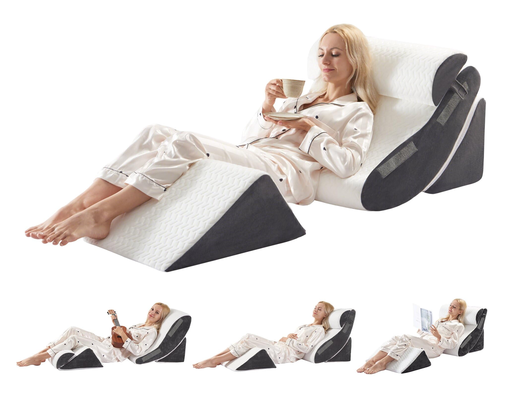 4pcs Bed Wedge Pillow Set For Sleeping  Foam Support Pillows Neck And Leg Adjustable Triangle - Acid Reflux & White Grey