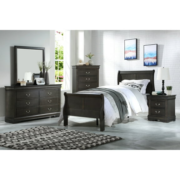 4pcs Bedroom In Dark Gray - Eastern King Bed With Low-profile , Modern Nightstand, Timeless Mirror, Sleek Dresser Ensemble E. Wrought Iron Details, Practical Gorgeous Lantern-shaped Sophisticated 6