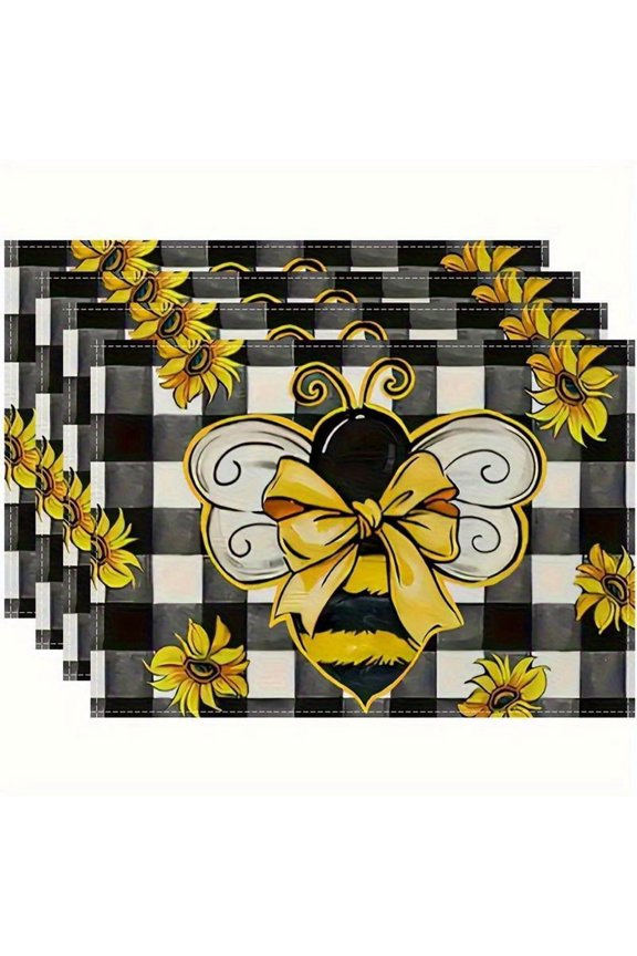 4pcs Bee & Sunflower Placemats with Checkerboard Table Mats - Bee-Themed Table Setting Decor, Single-Sided 2D Printed Fabric Table Protectors Suitable for Dining Table