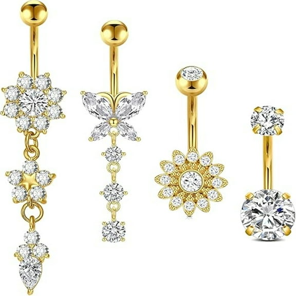 4pcs Belly Button Ring Dangle Belly Button Rings Dangling Belly Button Rings Clicker Belly Button Ring Surgical Steel Rose Gold Belly Rings Belly Piercing Jewelry Navel Rings for Women