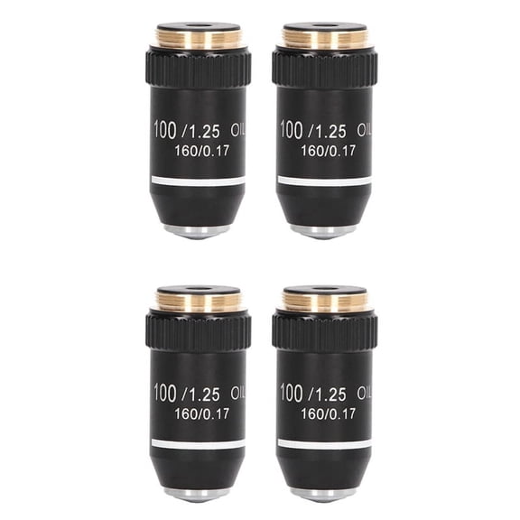 4pcs Biological Microscope Lens, 195 Achromatic Black Objective Lens 100X Oil High Power Objective Interface 20.2mm