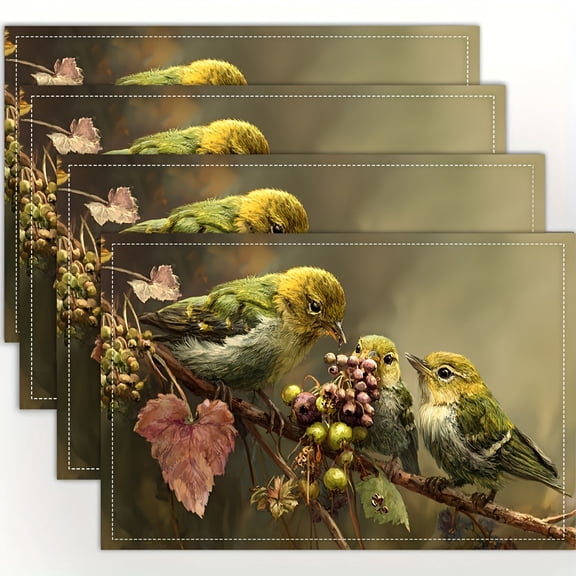 4pcs Bird and Branch Fruit Placemats - Elegant Table Mats with Cute Bird Branch Fruit Pattern, 12x18 Inch for Dining Table, Kitchen, Party Decor - Table Setting for Dinner Parties