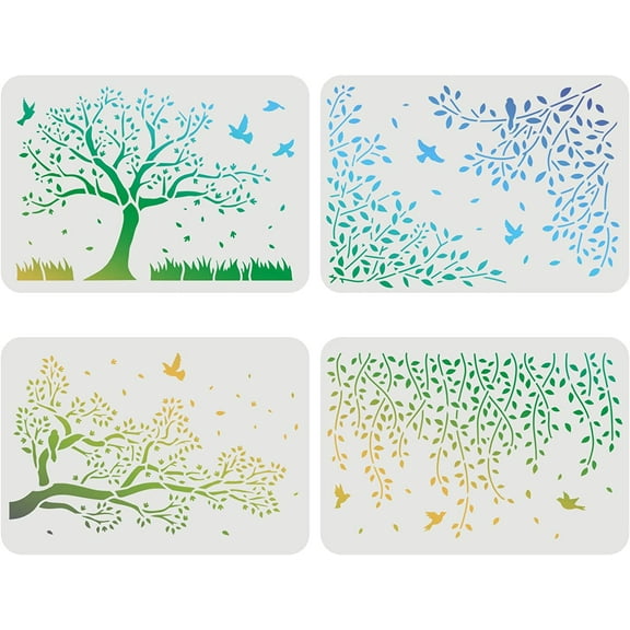 4pcs Birds Tree Branches Stencils 11.7x8.3 inch Flying Bird Stencil Branches Stencil Reusable Tree Stencils for Paintng on Wood Floor Wall Fabric