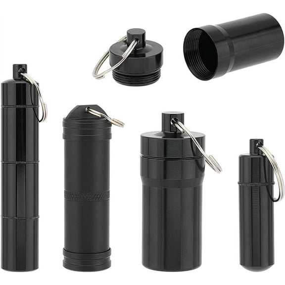 4pcs Black Aluminium Alloy Detachable Small Multi-use Box Waterproof and Smell Proof Metal Tube with Iron Key Ring Container Holder Bottle Tube Container for Travel Outdoors 1bag