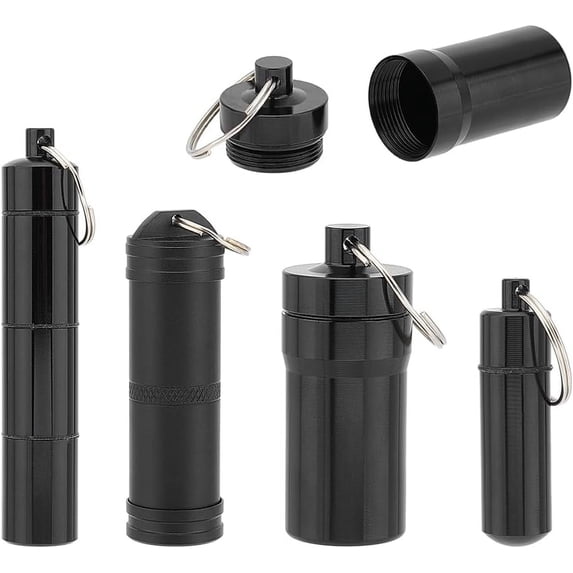 4pcs Black Aluminium Alloy Detachable Small Multi-use Box Waterproof and Smell Proof Metal Tube with Iron Key Ring Container Holder Bottle Tube Container