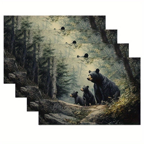 4pcs Black Bear Placemats Suitable for Cabin, Farmhouse & Rustic Table Settings - & Cubs Forest Design with Misty Pine Trees, Durable Table Mats, Easy-Clean Bear Decorations for Home Dining