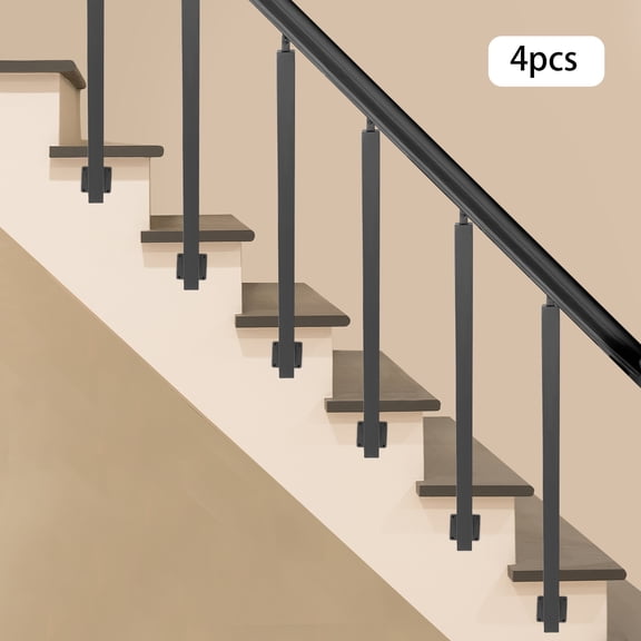 4pcs Black Steel 90cm Stair Railing Square Column Handrail Support Side-Mounted Metal Protective Column
