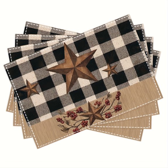 4pcs, Black and White Checkered Pattern with Stars, Country Primitive Style. Kitchen Table Mats, Coffee Coasters, Bowl Mats, Insulated Dinner Plate Mats, Home Scene Decor 12x18 Inch