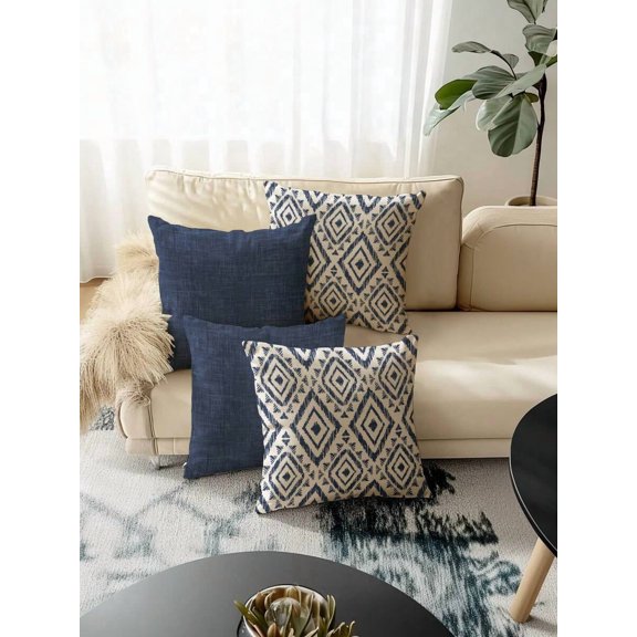 4pcs Blue Modern Geometric Pattern Throw Pillow Covers, Linen-Style Decorative Cushion Cases With Hidden Zipper, Machine Washable