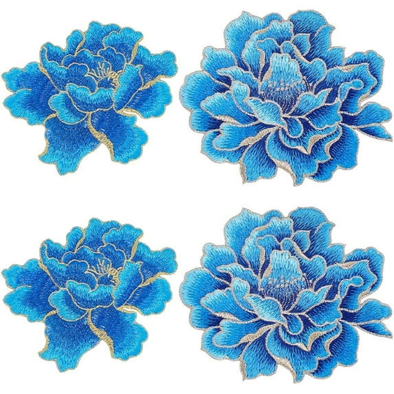 4pcs Blue Peony Floral Patches Embroidered Flower Appliques 2 Styles Floral Embroidery Sew on Patches for Jeans Jackets Clothing Backpack Hats Sweater DIY Craft 4.8 & 5.7 inch