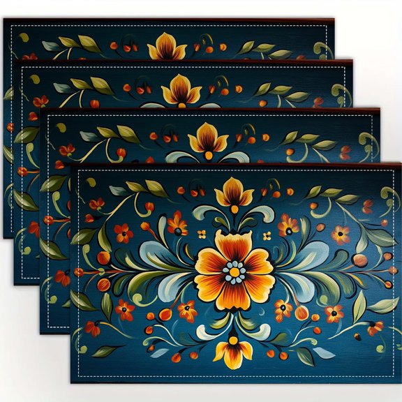 4pcs Blue Rosemaling Placemats - Elegant Floral Design with Orange, Blue & Green Flowers, 12x18 Inch, Linen Table Mats for Dining, Kitchen, Parties, and Home Decor, Party Table Mats | Floral Table Ma