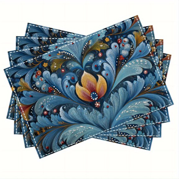4pcs, Blue Rosemaling Placemats, Fashion Print Pattern Table Mat, for Dining Table, Kitchen, Party, Indoor, Holiday, Dinner Parties And Home Decor 12X18 Inch