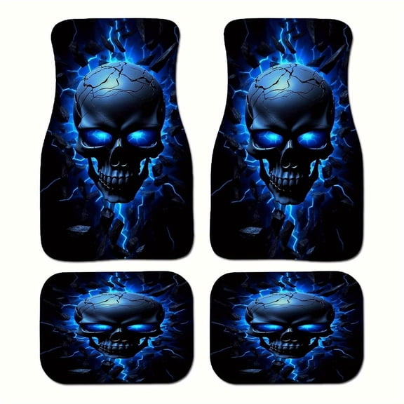 4pcs Blue Skull Pattern Car Floor Mats, Front& Rear Full Coverage Auto Interior Accessories, Crystal Velvet Vehicles Floor Mats Suitable for Sedans, Vans, Suvs All vehicle models, Perfect Gift