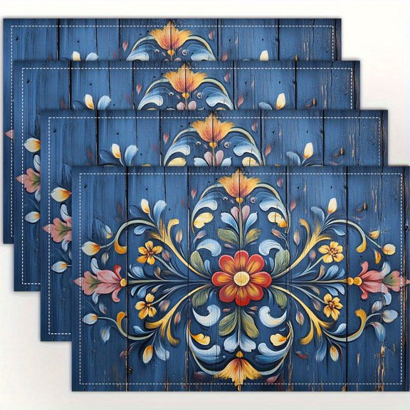 4pcs Blue Telemark Rosemaling Placemats - Scandinavian Hand-Painted Table Mats, Hand-Painted Norwegian Blue Telemark Rosemaling Art, Durable Tableware for Dining Table