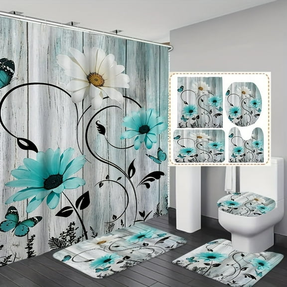 4pcs Blue And White Daisy Style Bathroom Shower Curtain, Shower Curtain With 12 Hooks, Bathroom Rug, Toilet U-Shape Mat, Toilet Lid Cover Pad, Bathroom Decor, Shower Curtain Sets For Bathrooms