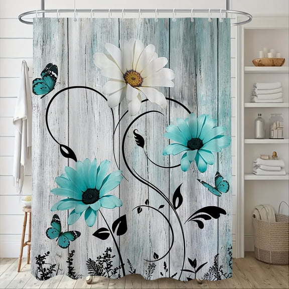 4pcs Blue And White Daisy Style Bathroom Shower Curtain, Shower Curtain With 12 Hooks, Bathroom Rug, Toilet U-Shape Mat, Toilet Lid Cover Pad, Bathroom Decor, Shower Curtain Sets For Bathrooms
