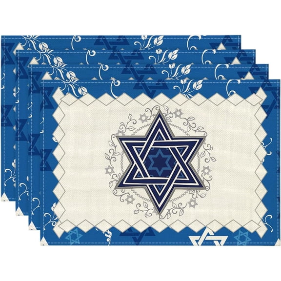 4pcs Blue White Diamond Placemats Table Mats Durable Washable Rustic Linen Vintage Placemats for Home Dinner Party Camping Wedding Table Decoration 12 x 18 Inch