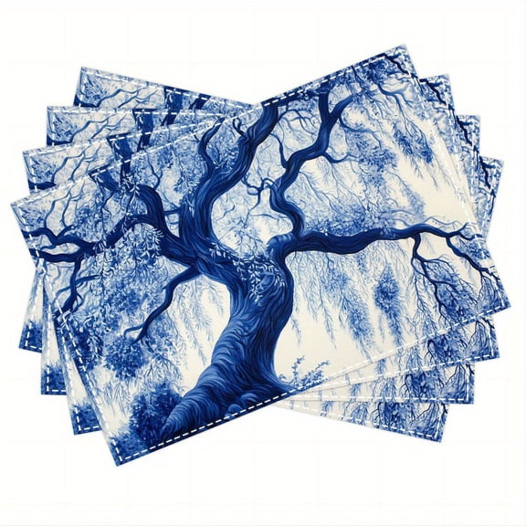4pcs Blue Willow Tree Linen Placemats | Elegant Table Mats, 12x18 Inches, Ideal for Dining, Kitchen, Parties, and Home Decor | Machine Washable, Rectangle Shape