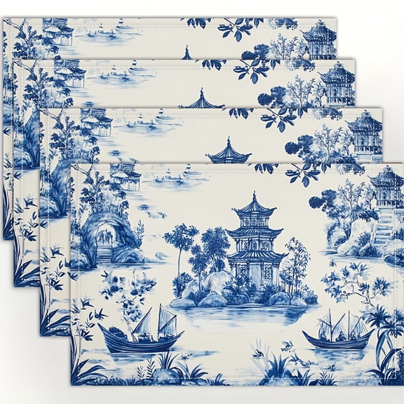 4pcs, Blue and white chinoiserie with pagodas and boats placemats, fashion print pattern table mat, for dining table, kitchen, party, indoor, holiday, dinner parties and home decor (table mats) 12x18