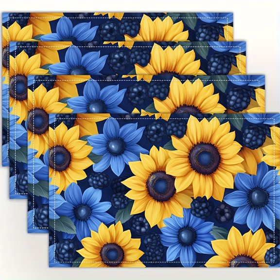 4pcs Blueberry & Sunflower Placemats - Table Protectors Suitable for Coffee Coasters, Bowl & Plate Mats - Heat-Resistant Kitchen Dining Table Decor, Hand Washable Table Setting Accessories, 2D Flat